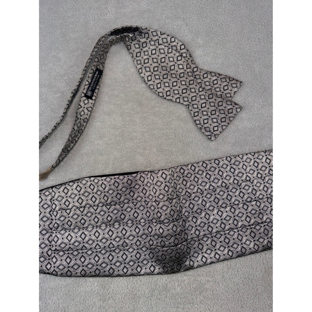 Mens Formal Tuxedo Bow Tie Gray‎ Cummerbund Set Diamond Pattern Adjustable